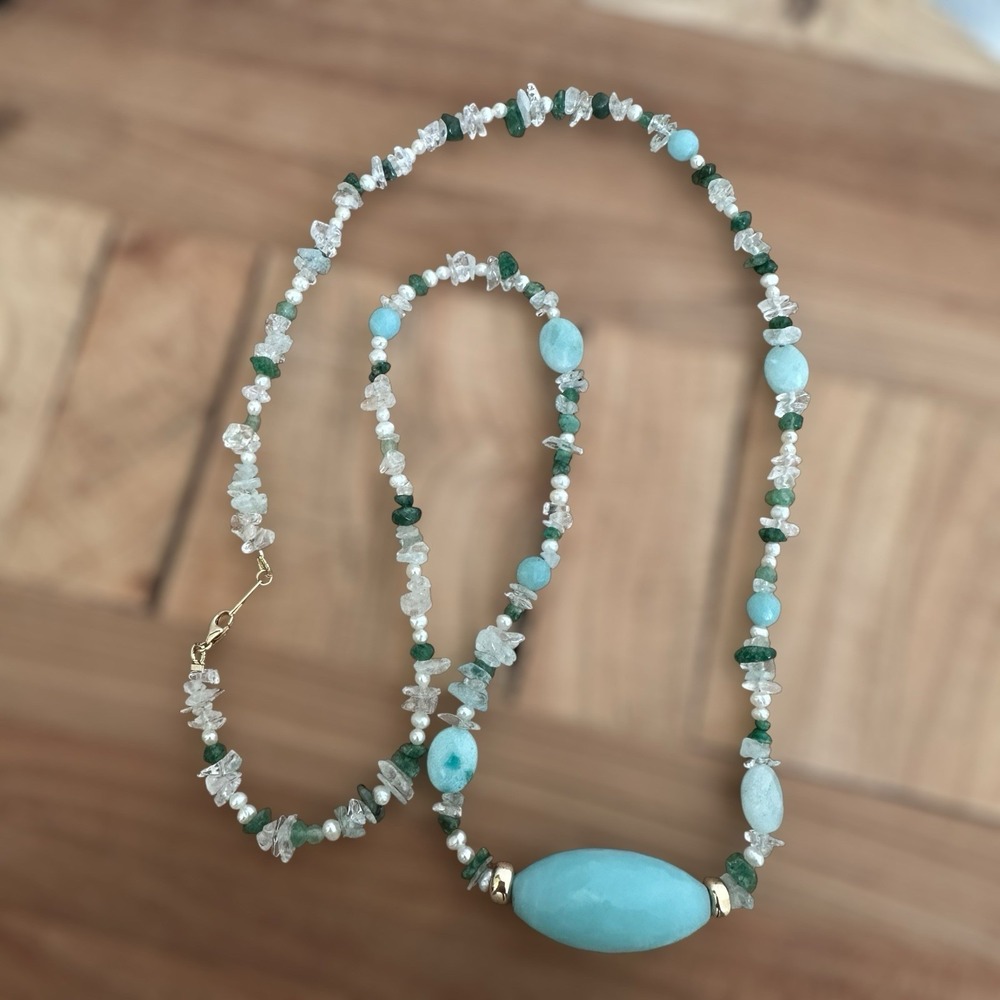 Artisan 585 14k Gold Bead Necklace 24 Inch Emerald Aqua Qz Hemimorphite 27.5g